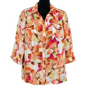 JM Collection Women Linen Size 14 Petite Floral Button Up Top Blouse 3/4 New